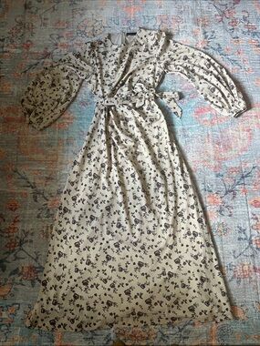 Cream Floral Long Sleeve Maxi Dress with Waist Tie